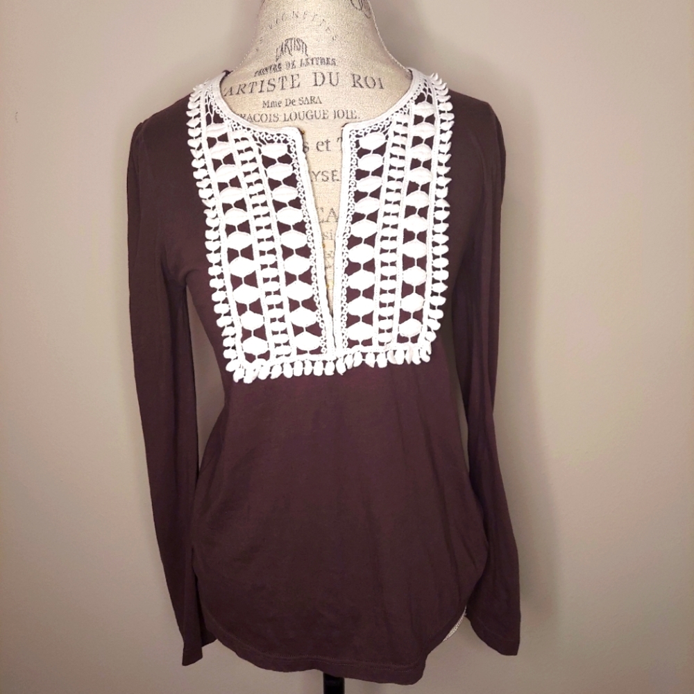 Tory Burch Brown Tee Embroidered White Bib Size S